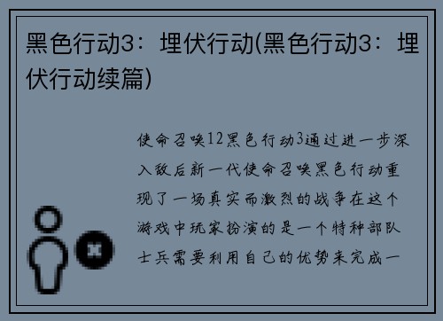 黑色行动3：埋伏行动(黑色行动3：埋伏行动续篇)